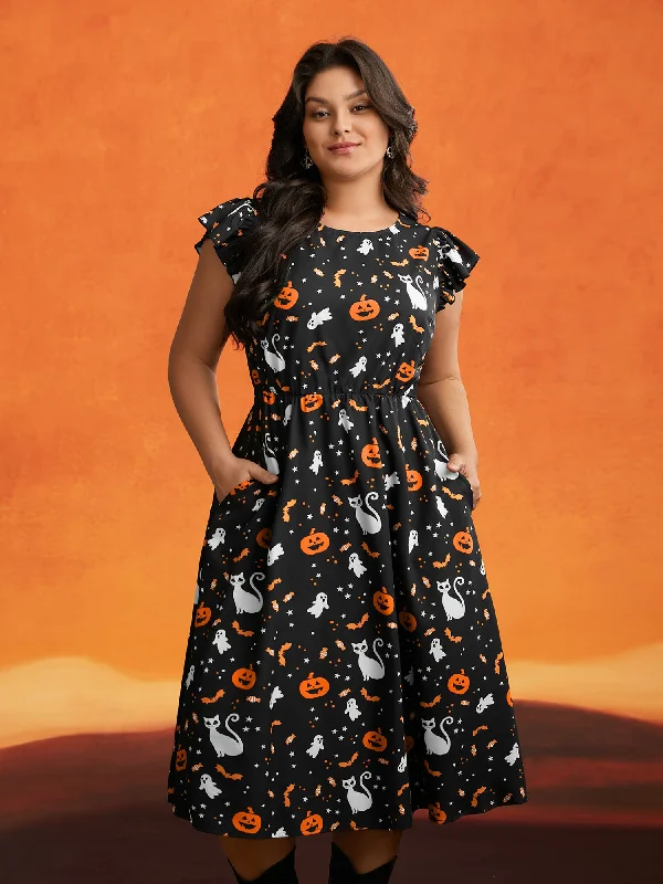 Pumpkin Printed Ruffle Sleeves Midi Dress Graduation midi dresses