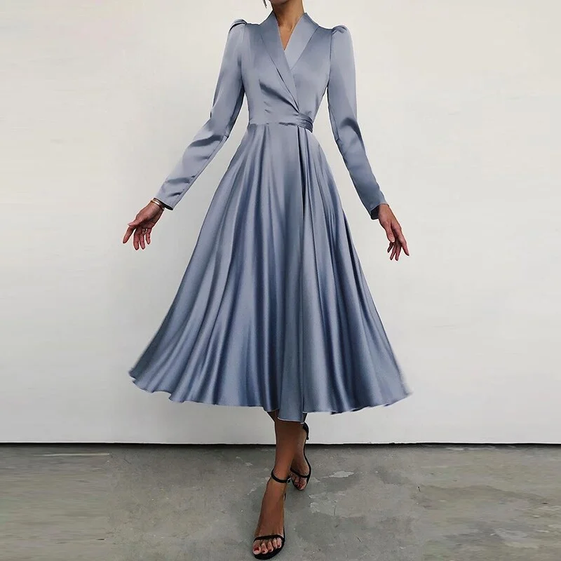 BerriesJam - Satin Solid Color V-Neck Long Sleeve Draped Midi Dress Cocktail midi dresses