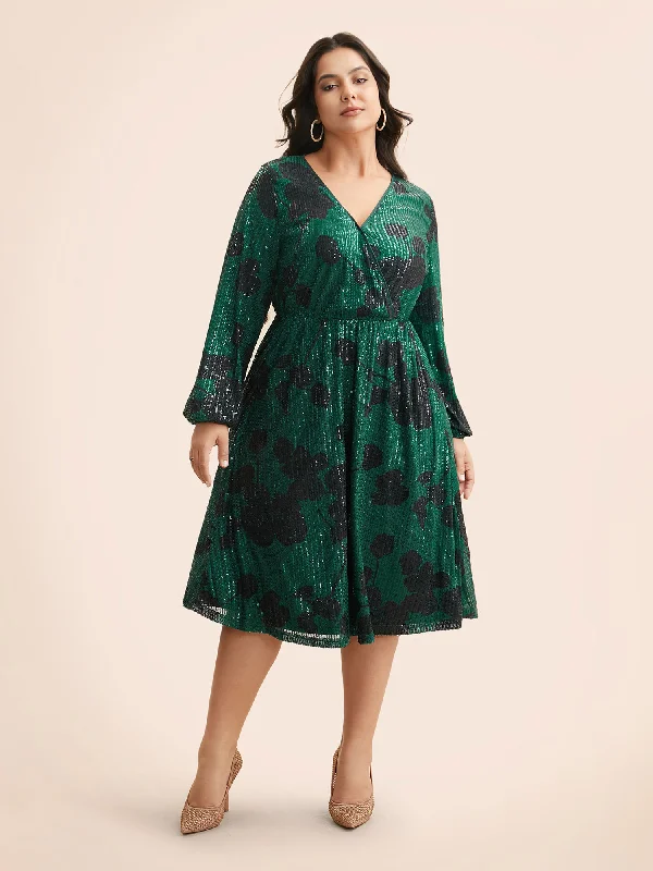 Sequin Floral Lantern Sleeve Midi Dress Preppy midi dresses