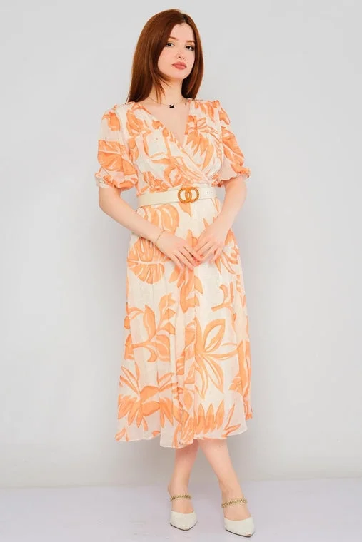 Short Sleeve Floral Georgette Chiffon V-neck Midi Casual dress - Orange Women's trendy midi dresses sale