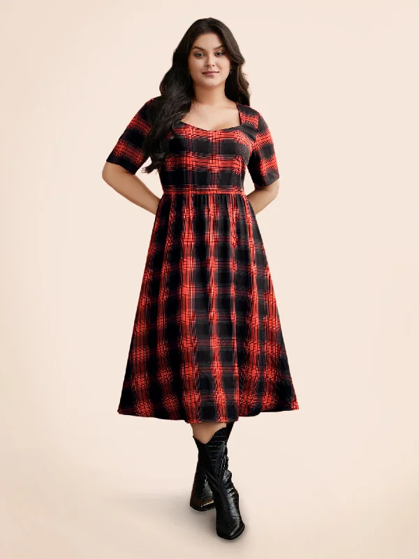 Stretchy Plaid Contrast Splicing Midi Dress Leather midi dresses