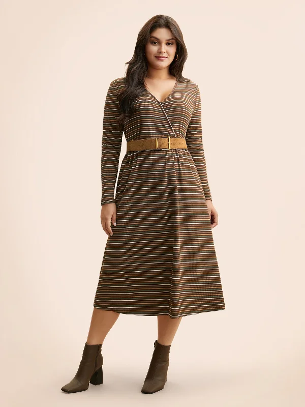 Striped Overlap Collar Midi Dress Lightweight midi dresses for hot weather