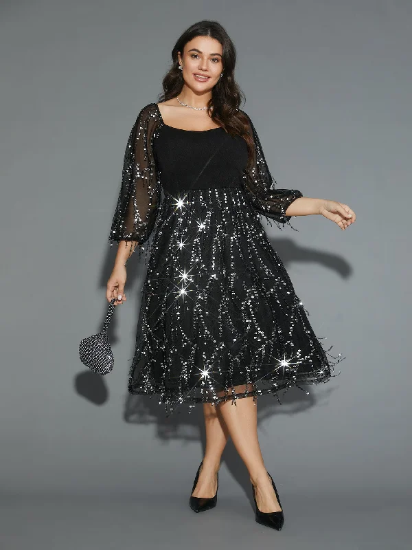 Tassel Sequins Sheer Sleeves Midi Dress Winter midi dresses