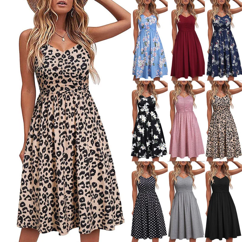 Womens Leopard Floral Midi Dress Ladies Summer Boho Beach Holiday Sundress Size Sleeveless midi dresses