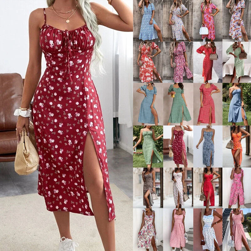 Womens Summer Floral Strappy Cami Midi Dress Ladies Holiday Beach Split Sundress Best midi dresses for hourglass body shape