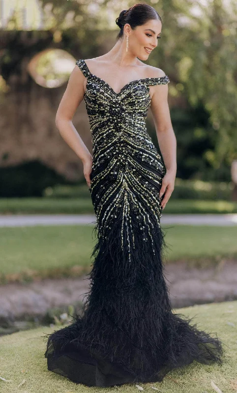 Terani Couture 232GL1460 - Beaded Feather Mermaid Evening Gown Wrap party dresses