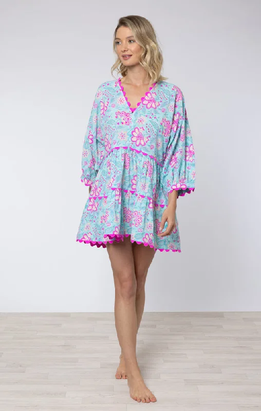 Aqua & Fuchsia Floral Cotton Poplin Dress Discounted floral dresses