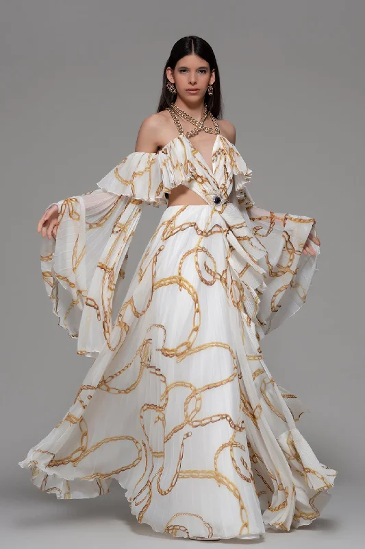 Chained neckline printed fabric off shoulder gown High-end floral dresses