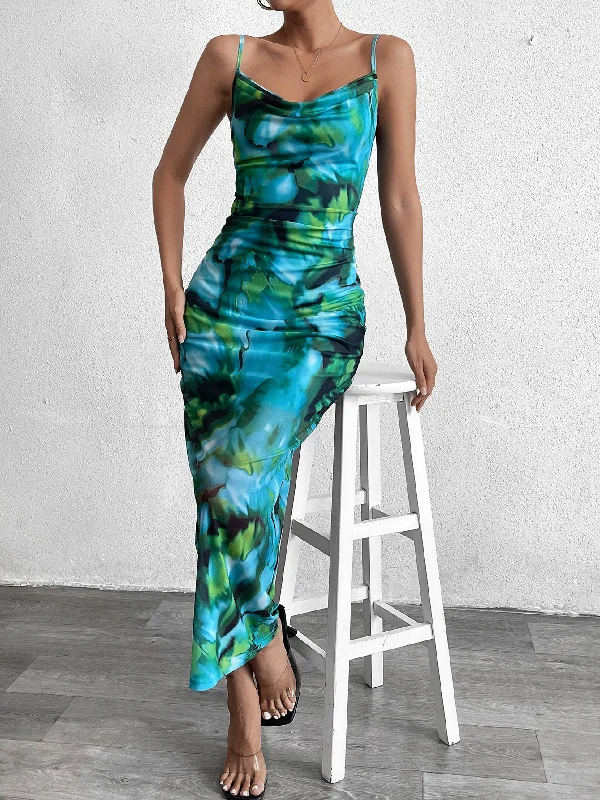 Cut Out Draped Neck Mesh Print Dress Formal floral dresses