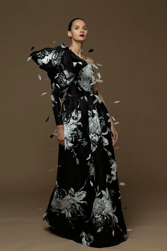 Floral printed feathered one sleeve gown Boho floral dresses