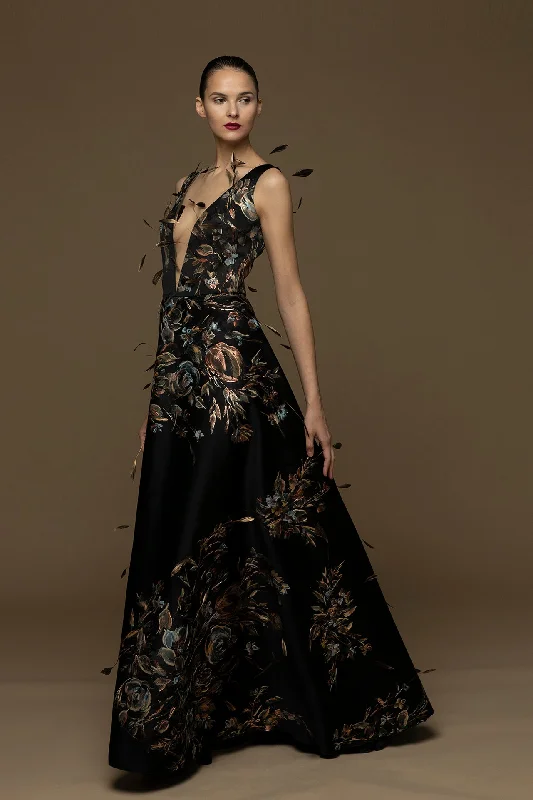 Plunging neckline feathered floral motif gown Velvet floral dresses