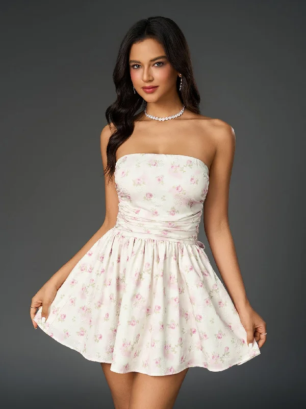 Ruched Bow Tie Back Floral Print Tube Dress Corset floral dresses