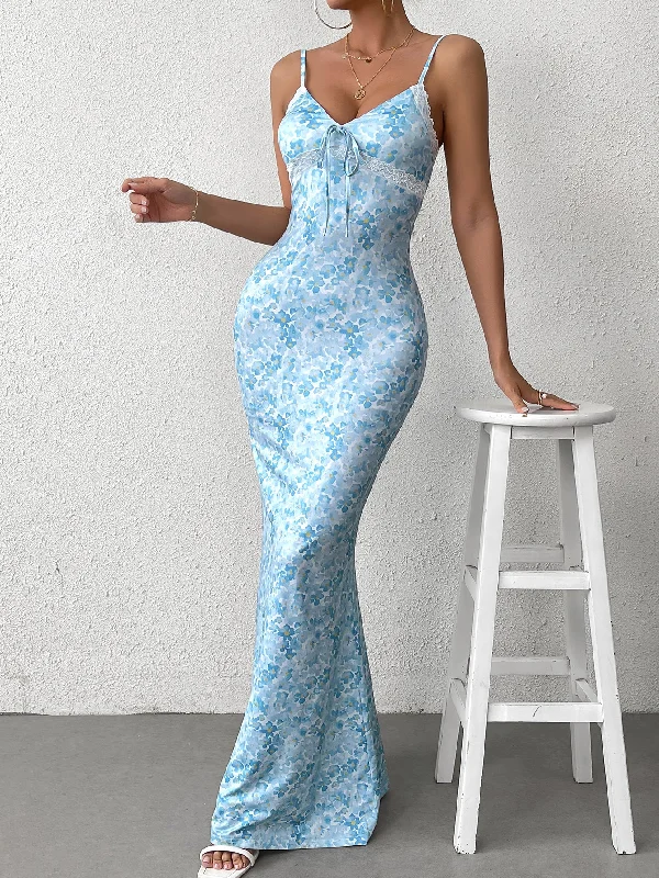 Tie Front V-Neck Lace Spliced Floral Print Mermaid Dress Maxi floral dresses