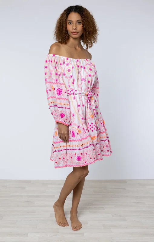 White & Fuchsia Embroidered Mexican Print Dress Halter floral dresses