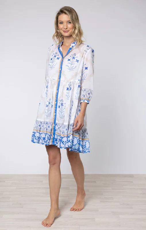 White & Royal Blue Floral Tile Print Shirt Dress Anniversary floral dresses