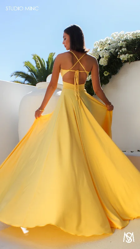 COSMO - Canary Yellow Formal Dress with cut outs and leg split Petite unclassified dresses