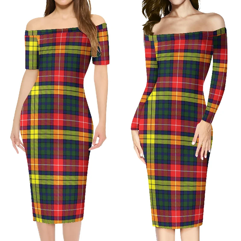 Dewar Tartan Off Shoulder Lady Dress Ruched unclassified dresses