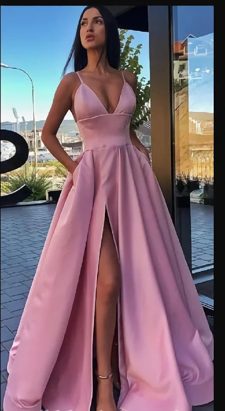 Different Colors A-line Satin Sleeveless Spaghetti Straps Slit Prom Dress Beaded unclassified dresses