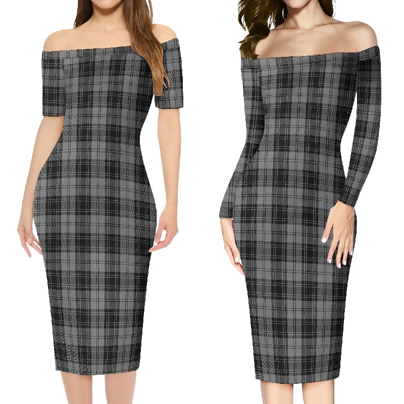 Douglas Grey Tartan Off Shoulder Lady Dress Dark color unclassified dresses