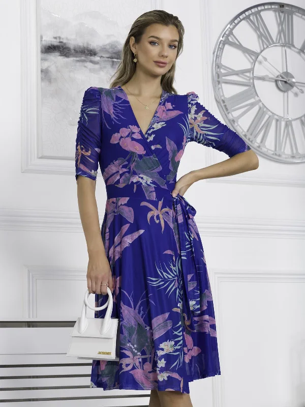 Elodea Mesh Ruched Sleeve Wrap Dress, Royal Multi Elegant evening unclassified dresses