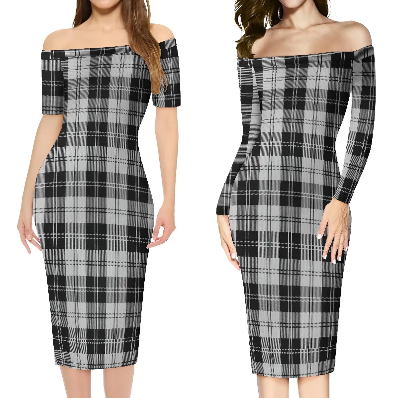 Erskine Black and White Tartan Off Shoulder Lady Dress Ruffled unclassified dresses