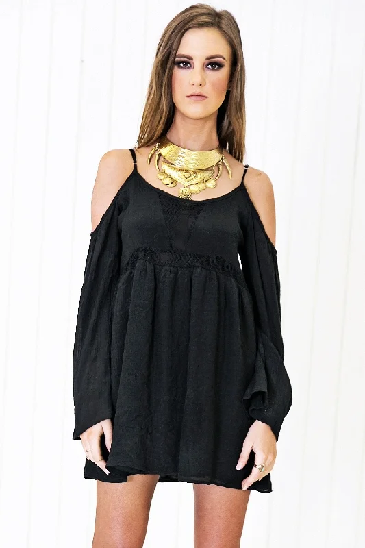 Feather Bell-Sleeve Sun Dress - Black Pastel unclassified dresses