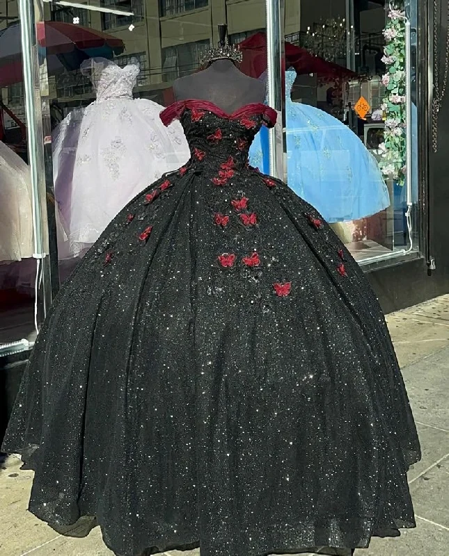 Glitter Black With Burgundy Butterflies Quinceanera Dress Sweet 16 Dress Ball Gown Plus size unclassified dresses