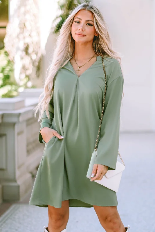 Green Roll-tab Sleeve Flowy Casual Dress Long sleeve unclassified dresses