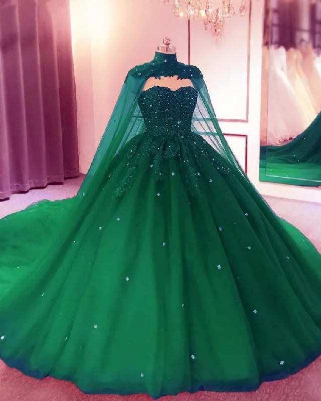 Green Sweetheart Ball Gown Prom Dress With Cape Office unclassified dresses