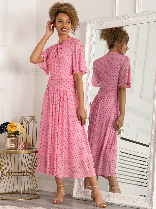 Jolie Moi Danika Keyhole Neck Mesh Dress, Pink Polka Casual unclassified dresses