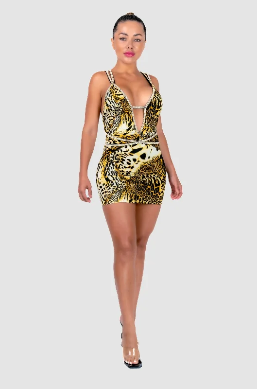 Keltie Yellow Tiger W Gold Trim Dress Sequin unclassified dresses