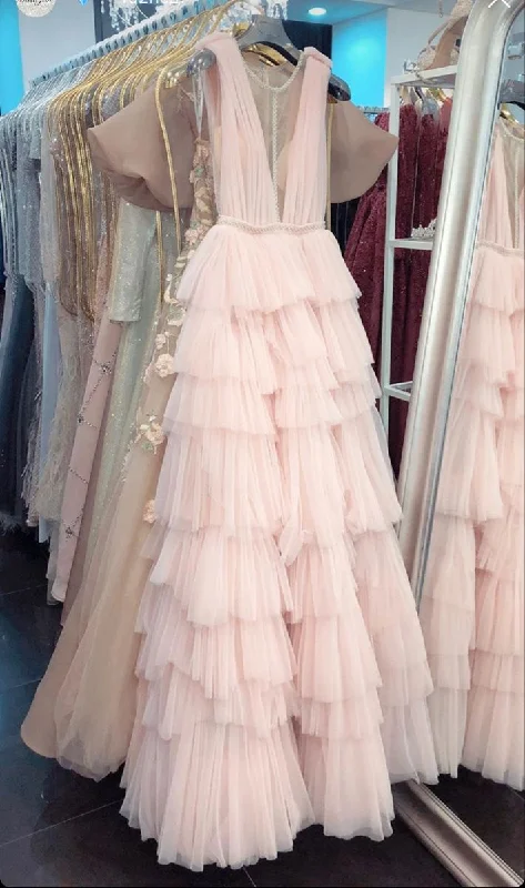 Light Pink V-Neck Ruffles Prom Dress Pastel unclassified dresses