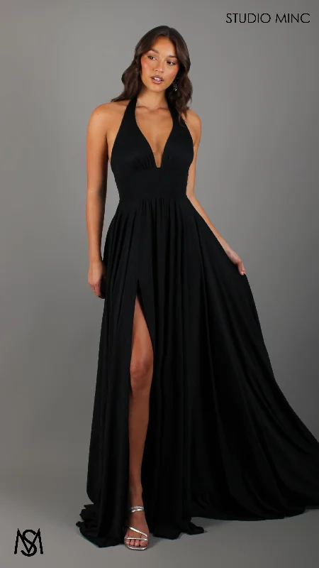 LOVE - Black Flowy Formal Dress with Plunge Neckline & Leg Split Cotton unclassified dresses