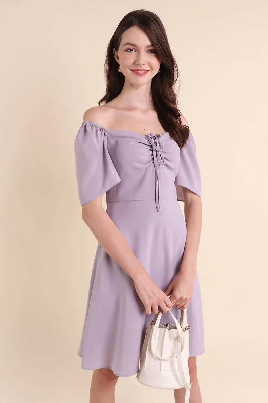 MADEBYNM ELIZA RUCHED FLUTTER SLEEVES DRESS IN PERIWINKLE LILAC Long sleeve unclassified dresses