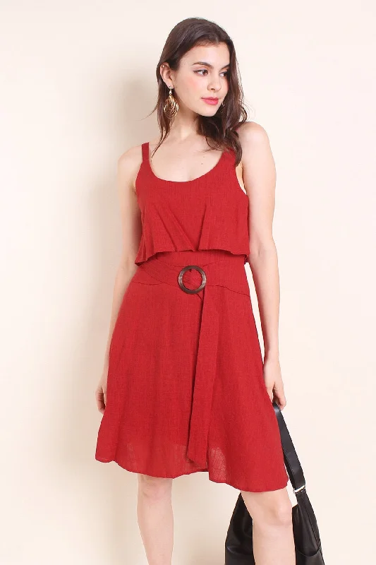 MADEBYNM KAIA TIER BELTED LINEN SUMMER DRESS IN BURNT ORANGE Long unclassified dresses