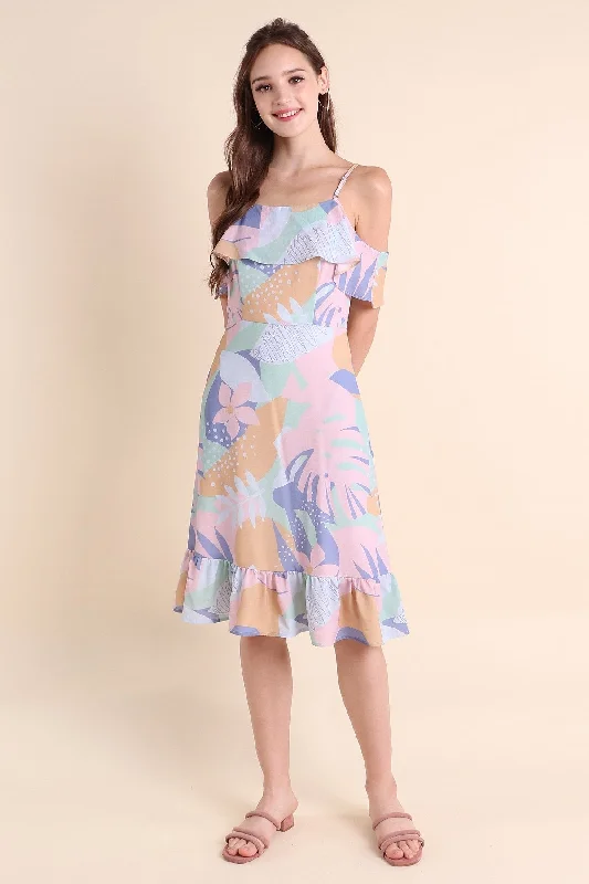 MADEBYNM LARISA ABSTRACT RUFFLES DRESS IN MULTI TROPICS Preppy unclassified dresses