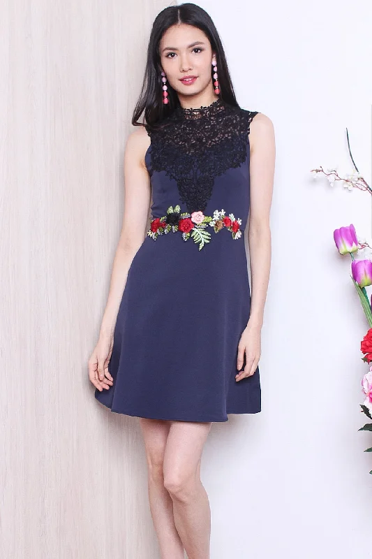 MADEBYNM LULA APPLIQUE EMBROIDERY CROCHET NECKLINE DRESS IN NAVY BLUE Beaded unclassified dresses