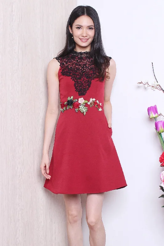 MADEBYNM LULA APPLIQUE EMBROIDERY CROCHET NECKLINE DRESS IN WINE RED Casual chic unclassified dresses