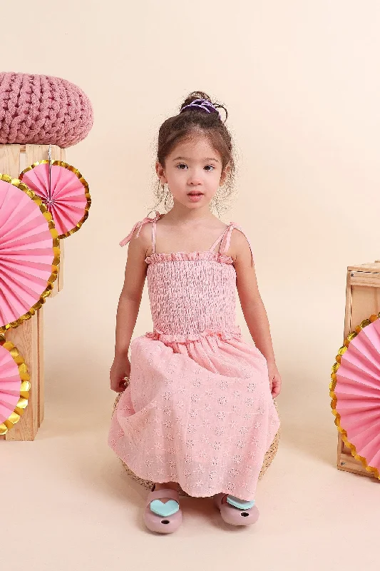 MADEBYNM NM KIDS AMARIS SHOULDER TIE SMOCKED EYELET DRESS IN LUSH PINK [2Y/3Y/4Y/5Y/6Y]  Comfortable unclassified dresses