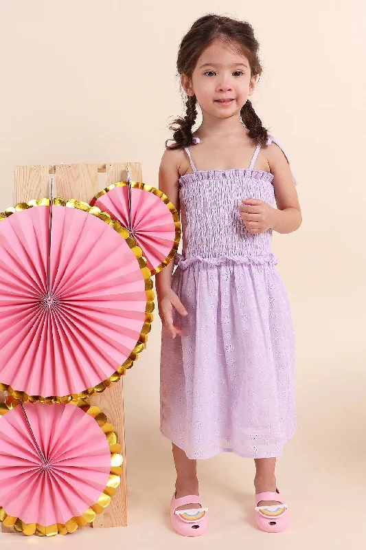 MADEBYNM NM KIDS AMARIS SHOULDER TIE SMOCKED EYELET DRESS IN PASTEL LILAC [2Y/3Y/4Y/5Y/6Y]  Party unclassified dresses