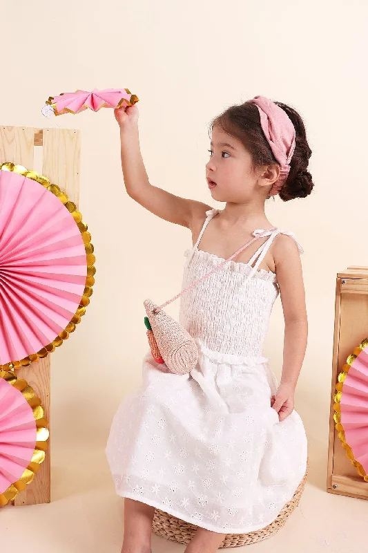 MADEBYNM NM KIDS AMARIS SHOULDER TIE SMOCKED EYELET DRESS IN WHITE [2Y/3Y/4Y/5Y/6Y]  Backless unclassified dresses