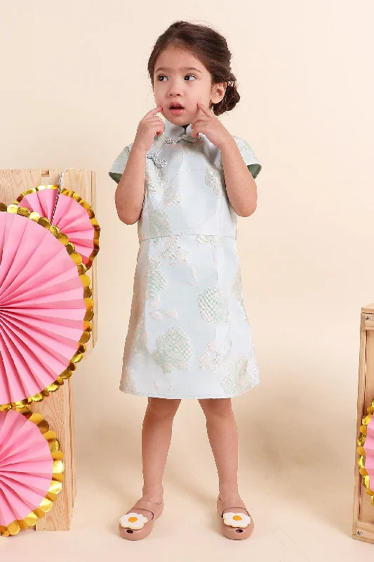 MADEBYNM NM KIDS JI XING BROCADE MANDARIN SLEEVED DRESS IN MINT JADE [2Y/3Y/4Y/5Y/6Y]  Stretchy unclassified dresses