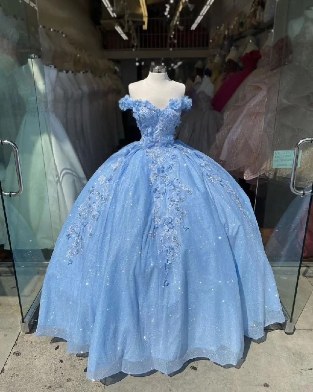 Off the shoulder blue ball gown , sparkly prom dress with flowers Best-selling unclassified dresses