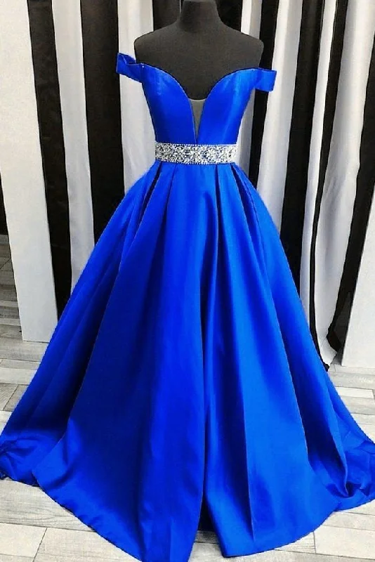 Off-the-shoulder Royal Blue Evening Dress with Rhinestones Belt,event dresses elegant Bright color unclassified dresses