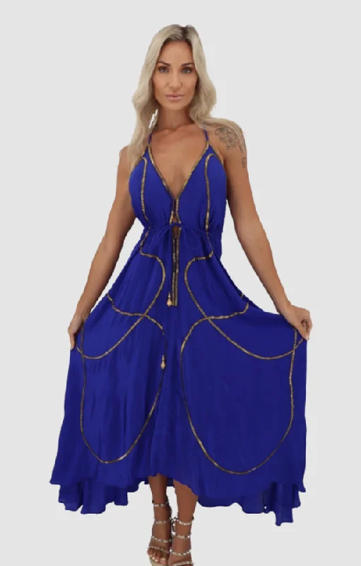 Tulum Royal Blue W Gold Lines Dress Trendy new unclassified dresses