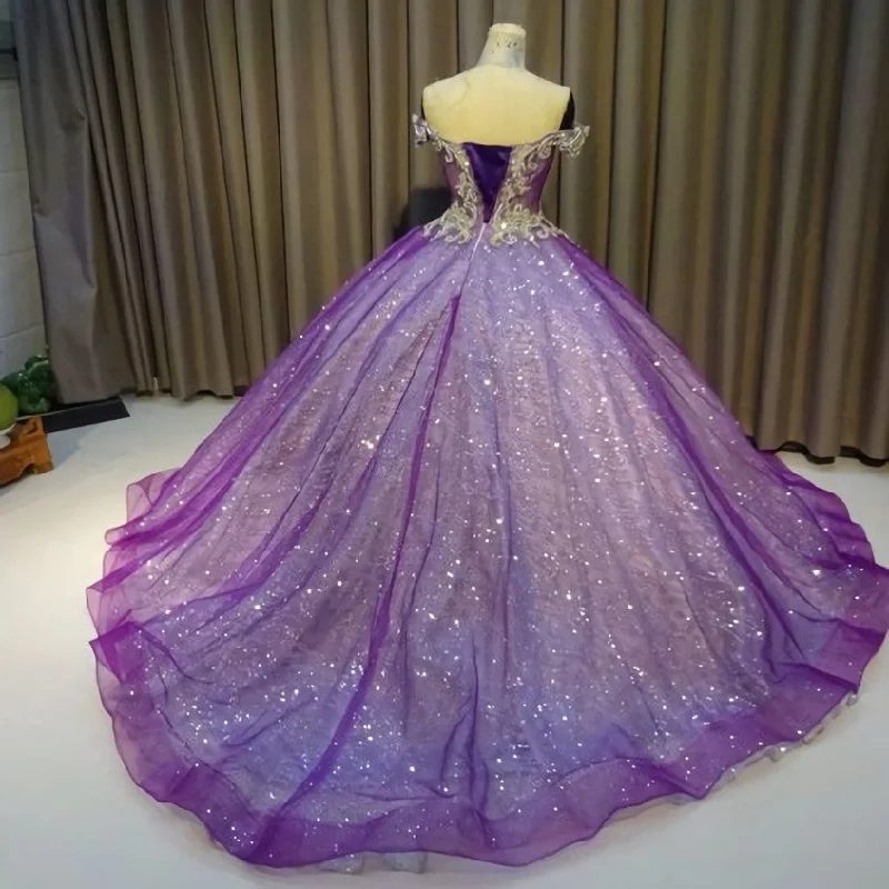 Purple Off The Shoulder Ball Gown Bling Bling Prom Dress Metallic unclassified dresses