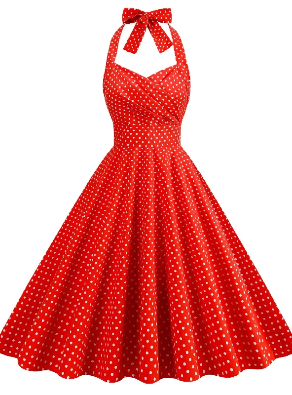 Retro Contrast Polka-dot Halter Dress Open-back unclassified dresses