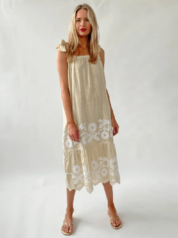 Rose And Rose ALBA Appliqued Sleeveless Sun Dress In Gold And White Chic unclassified dresses