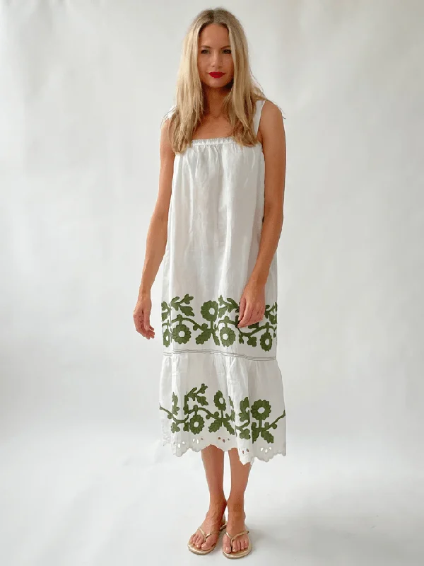 Rose And Rose ALBA Appliqued Sleeveless Sun Dress In White And Olive Designer unclassified dresses