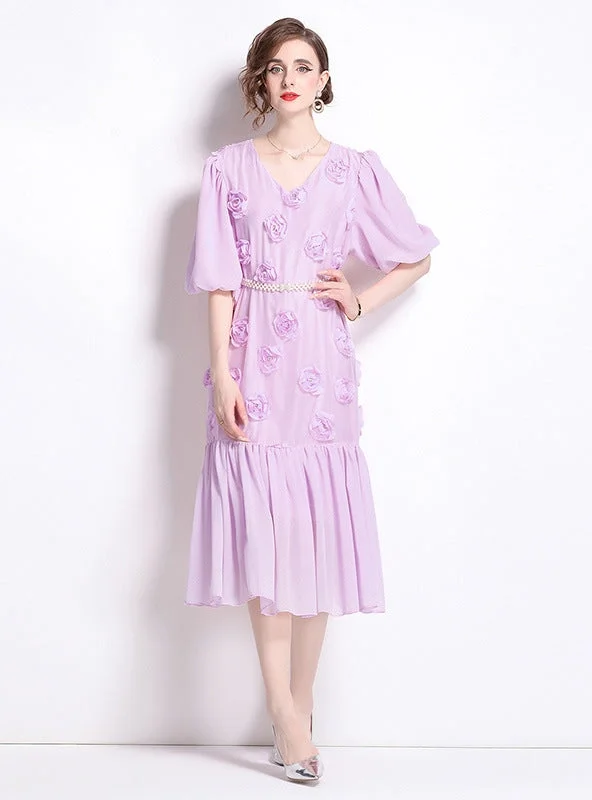 Rose Flower Studded V-neck Dress with Belt Cotton unclassified dresses